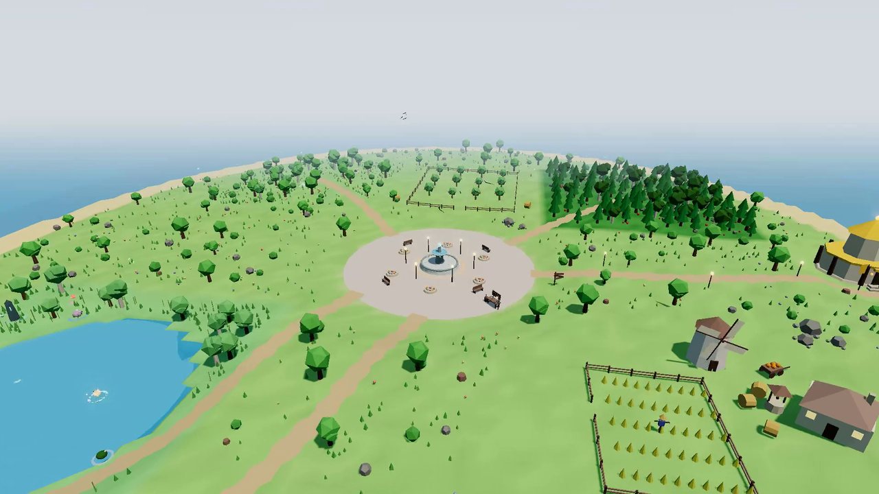 Trainer Isle from above: the plaza fountain, the lake, the farm and the forest
