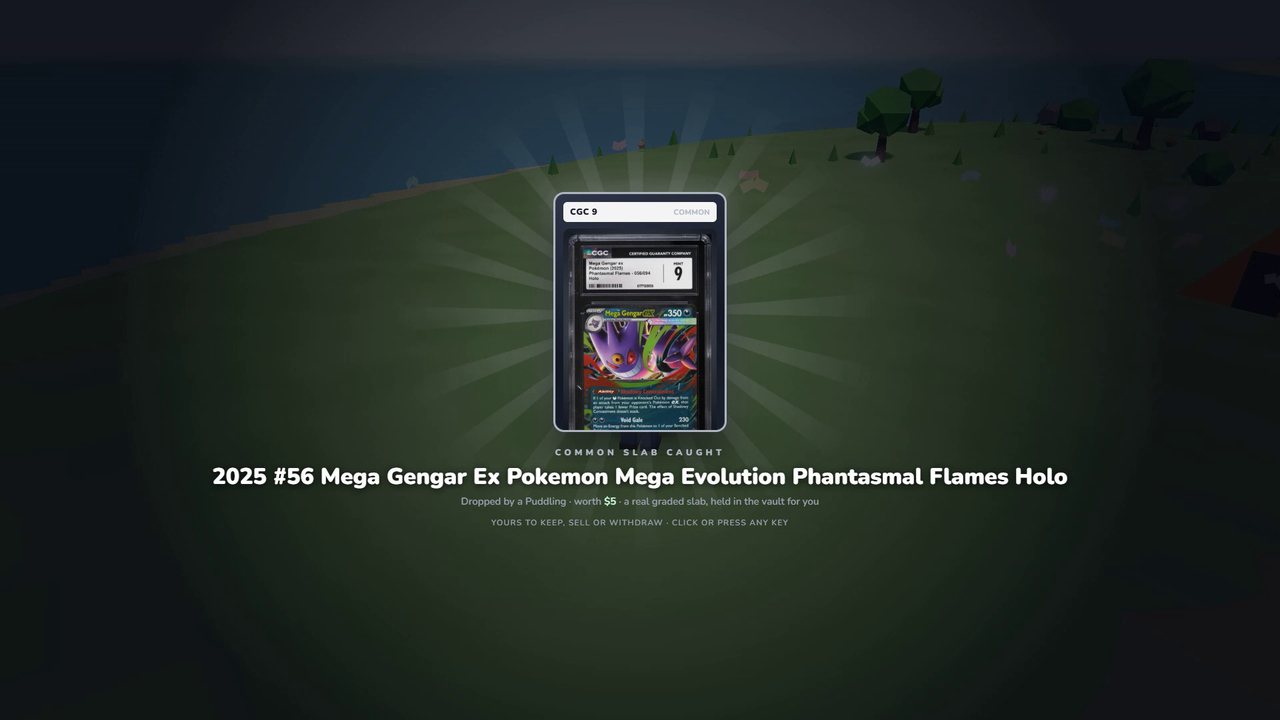 The slab reveal: a real CGC 9 card spinning onto the screen